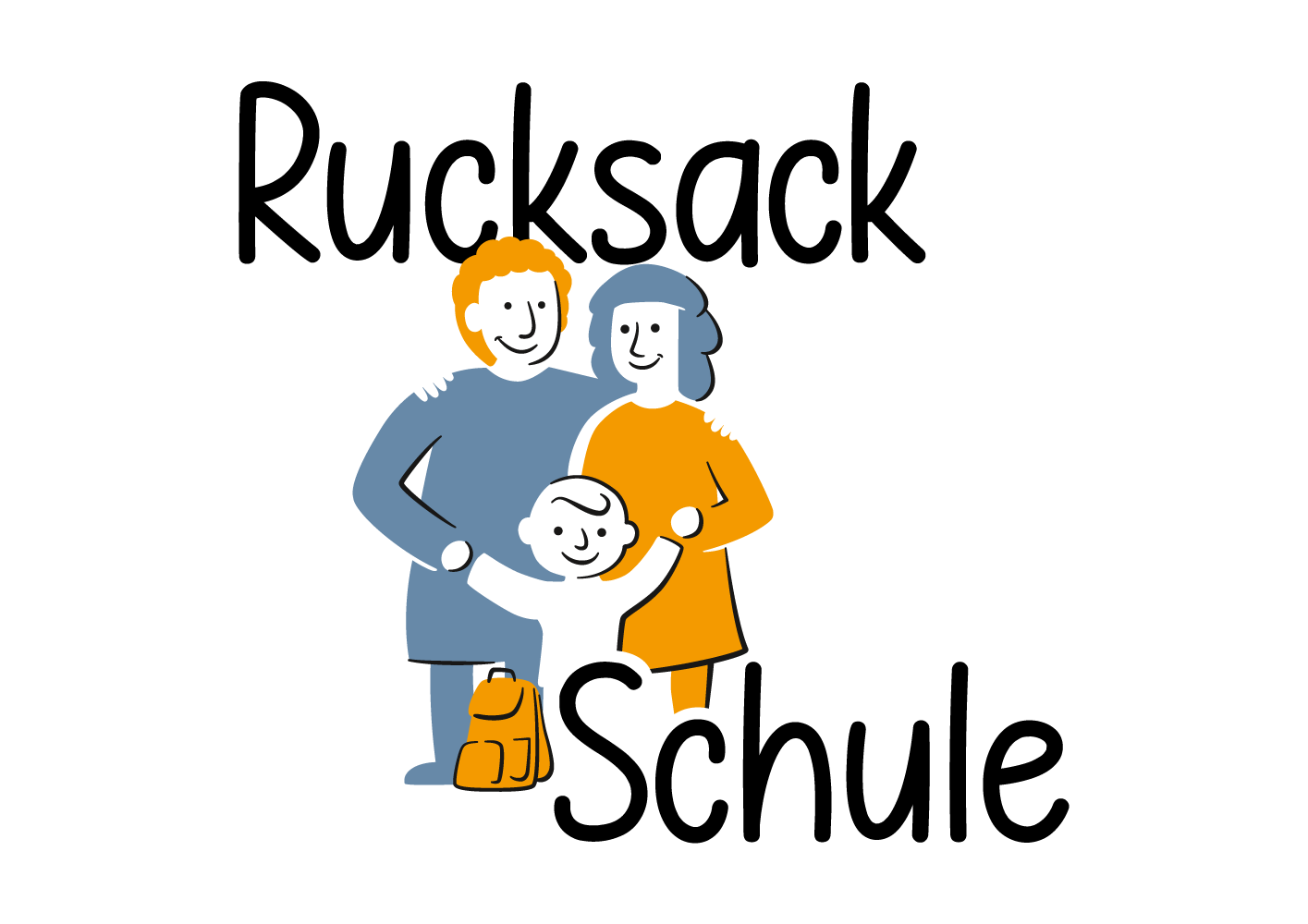 Das Bild zeigt das Logo des Programms "Rucksack Schule". Als Zeichnung zeigt das Bild einen Jungen mit Rucksack, der "Rucksack" an die Tafel schreibt. Dabei lächelt er.
