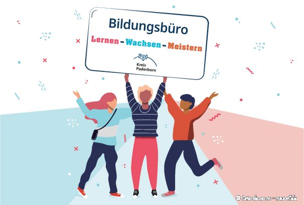 Drei Figuren stehen freudestrahlend auf einem Weg. Die Person in der Mitte hält ein Plakat in der Hand mit der Aufschrift „Bildungsbüro Lernen-Wachsen-Meistern“.