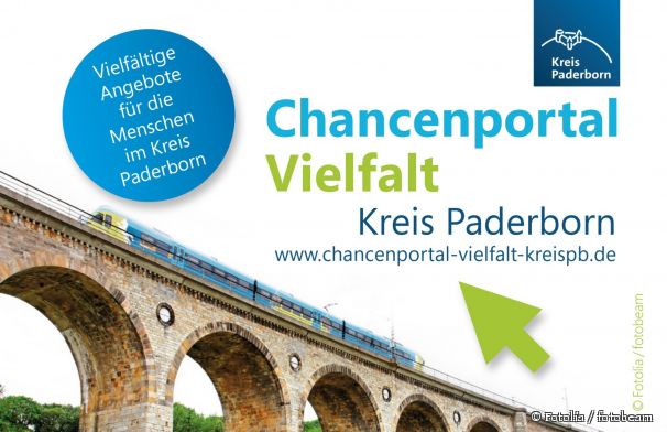 Auf einem Viadukt fährt ein Zug. In einem Kreis oben links steht "Vielfältige Angebote für die Menschen im Kreis Paderborn". Rechts daneben steht "Chancenportal Vielfalt Kreis Paderborn" und der Link zur Homepage. Durch Klicken auf das Bild gelangen Sie zur Homepage des Chancenportals.