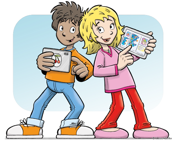 Ein Mädchen und ein Junge halten Tablets in der Hand.