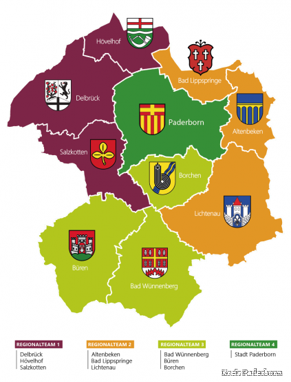 Auf dem Bild sieht man eine Karte des Kreises PAderborn. Farblich markiert sind vier Regionalteams. Regionalteam 1 setzt sich aus Delbrück, Hövelhof und Salzkotten zusammen, Regionalteam 2 aus Altenbeken, Bad Lippspringe und Lichtenau, Regipnalteam 3 aus Bad Wünnenberg, Büren und Borchen . Das Regionalteam 4 umfasst die Stadt Paderborn.